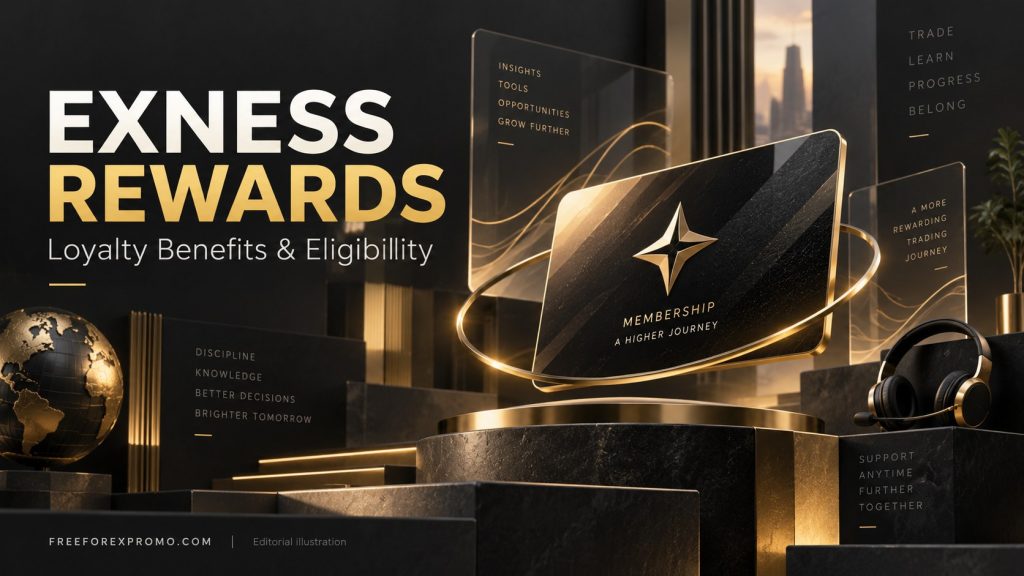 Editorial illustration of Exness Rewards with a gold membership card and support headset.