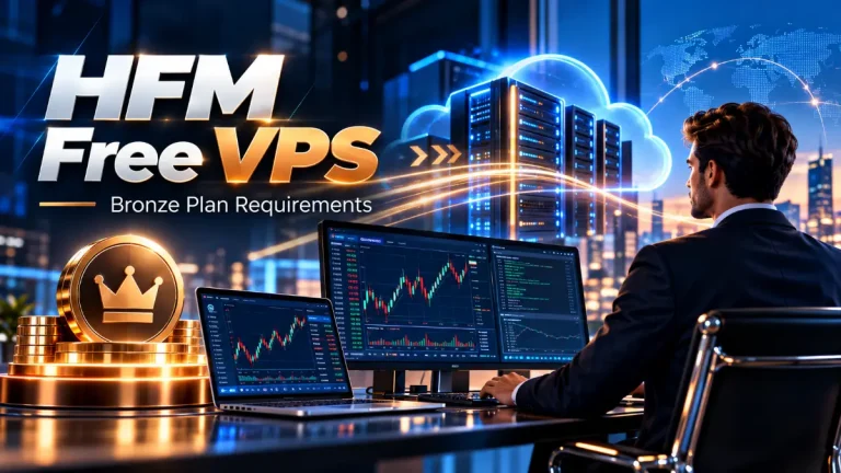 Illustration of HFM Bronze VPS forex hosting servers and automated trading workspace