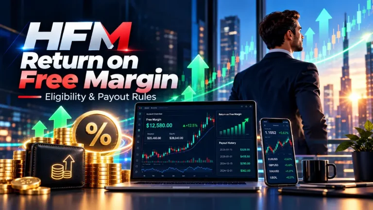 Illustrative artwork about HFM Return on Free Margin eligibility and payout requirements