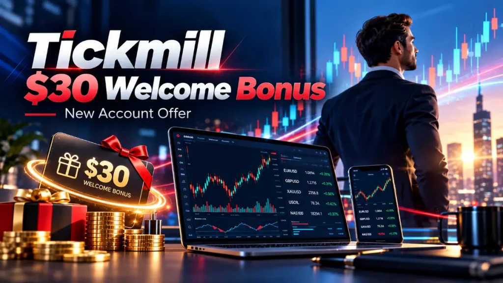 Illustration of the Tickmill $30 Welcome Account offer and its forex trading conditions
