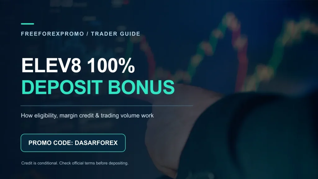 Trader analysing multiple trading screens with ELEV8 100% deposit bonus guide graphic