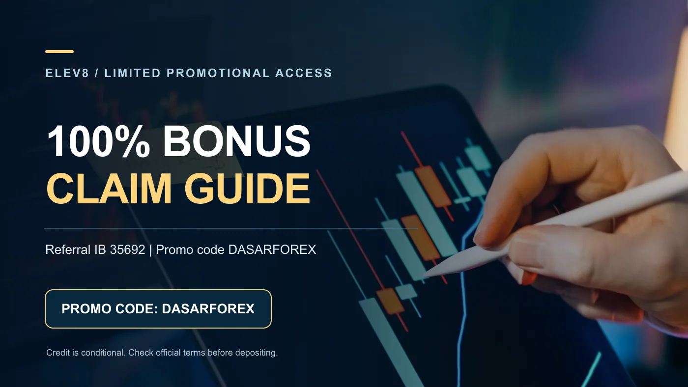Modern trading screen and ELEV8 DASARFOREX 100% bonus promotional graphic