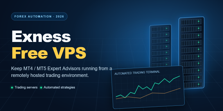Exness Free VPS for MetaTrader Expert Advisors — illustrated remote trading server and forex chart