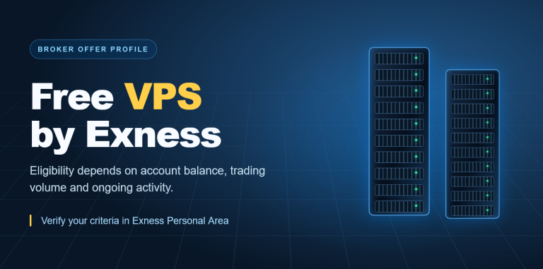 Exness Free VPS promotion — illustrated data-centre servers and eligibility conditions