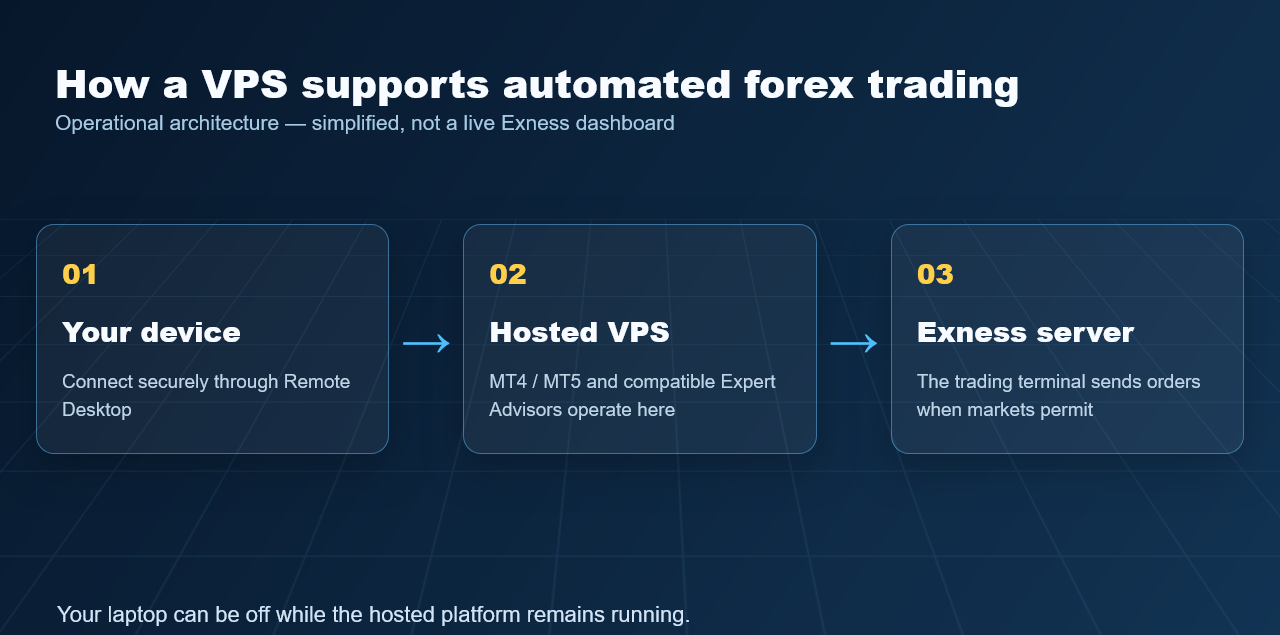 Workflow diagram: trader device connects to VPS running MetaTrader and Expert Advisors, then Exness trading server